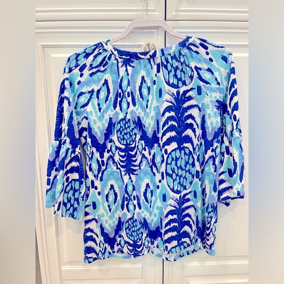 Lilly Pulitzer Del Lago Tunic Top Tropi Call Me Blue White Pineapple 3/4 Sleeve - Picture 3 of 7